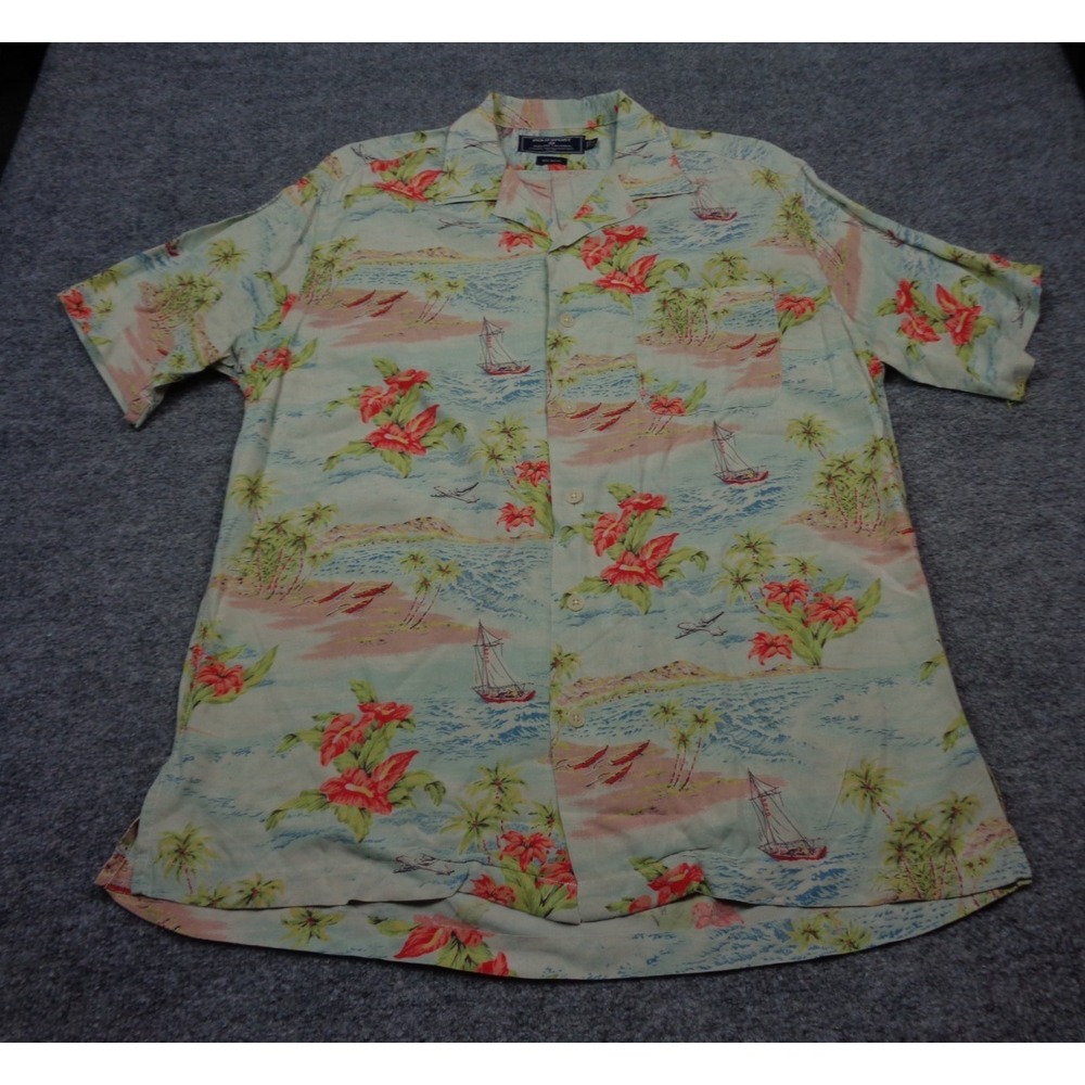 Polo Sport Ralph Lauren Camp Shirt Men M Green Floral Tropical Loop Collar Rayon